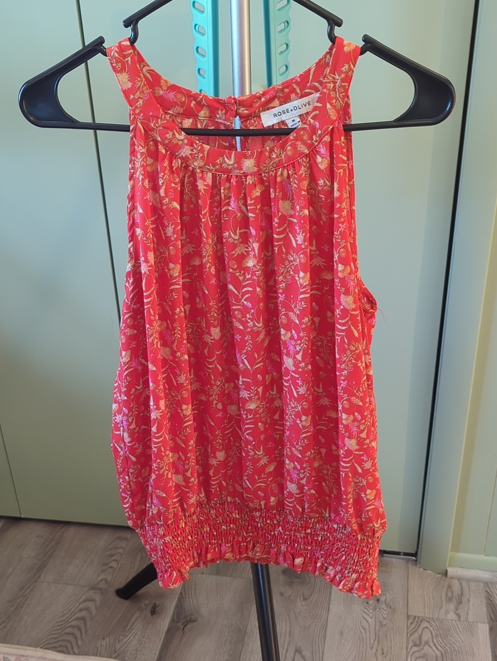 Rose & Olive Coral Pink Floral Smocked-Hem Halter Tank